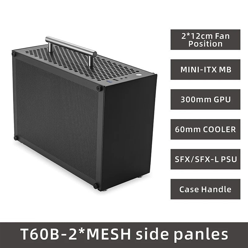 METALFISH T60 Mini ITX Black Case 9L With Acrylic Or Mesh Side Panel and Portable Handle Support SFX PSU/300mm GPU/2*120mm Fan