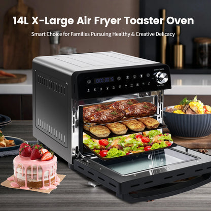 Hot Air Fryer 14L XXL Airfryer Mini Oven 1800W with 11 Programmes LED Screen, 5 Accessories Including Rotisserie and Recipe Book.