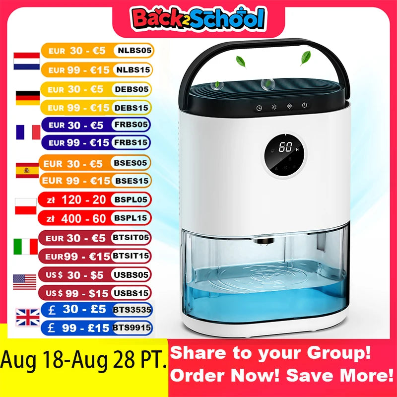 2300ML Dehumidifiers Auto Defrost for Bedroom Misture Absorb, , Ultra Quiet for Home Sleep Timing Large Room Bathroom Garage RV.