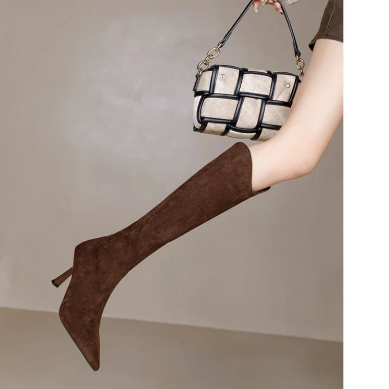 Vintage Pointed Toe Women Stretch Slim High Boots Fashion Back Zippers Shoes Autumn Winter High Heel Ladies Knight Long Booties.