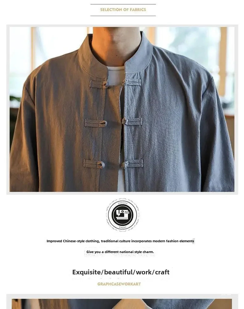 Traditional Chinese Men's Tang Suit Cotton Linen Ancient Costume Tea Servant Zen Meditation Clothing Middle Mountain Hanfu.