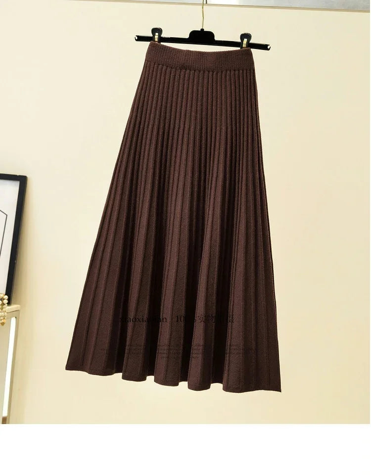 2025 Brand Designer Women Autumn Winter Thick Elegant Chic Solid Pleated Skirt High Waist Luxury Fashion With Elastic Female.