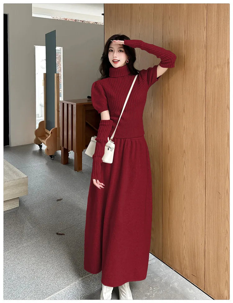 VigoAnne Spring Autumn 2025 Turtleneck Knit Woman 2 Piece Set Casual Solid High Waist Skirts Suits Korean Lady Long Dress Suit