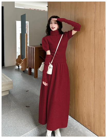VigoAnne Spring Autumn 2025 Turtleneck Knit Woman 2 Piece Set Casual Solid High Waist Skirts Suits Korean Lady Long Dress Suit