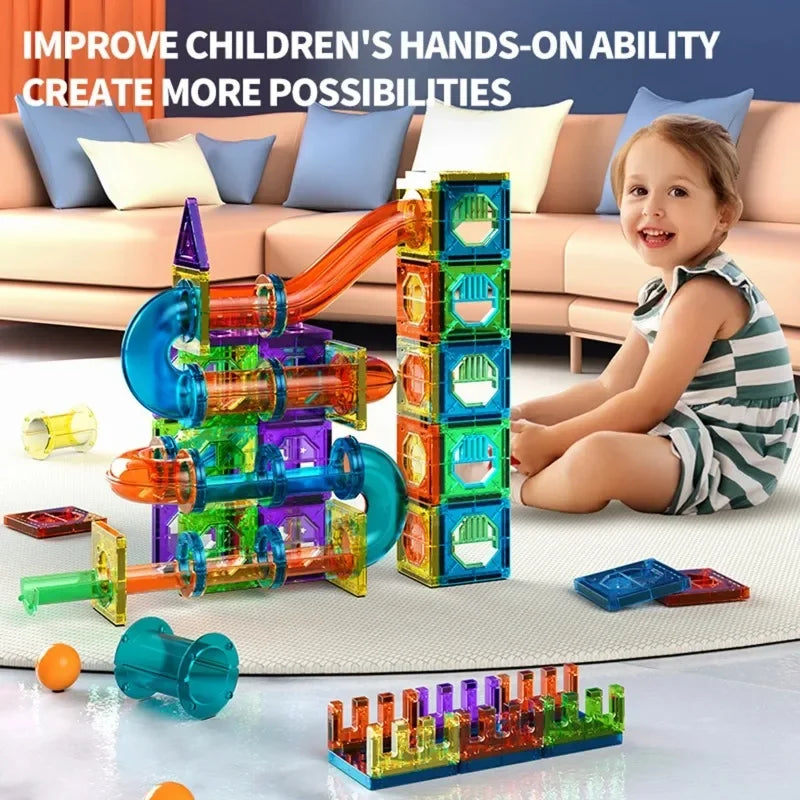 Light magnetic tiles building blocks for kids, 3D clear educational building toys, magnetic marble running building block toys.
