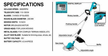 G perfil 10 Zoll bürstenloser elektrischer Rasenmäher, faltbarer Schneider, kabelloses Garten-Gras-Schneid-Trimmer-Werkzeug für Makita 18 V Akku-Pin