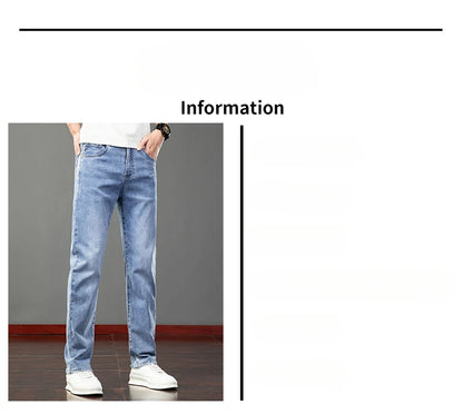 Spring Summer Thin Slim Fit Jeans Mens Elastic Straight Casual Business Denim Pants Washed Classic Brand Clothing Men Trousers.