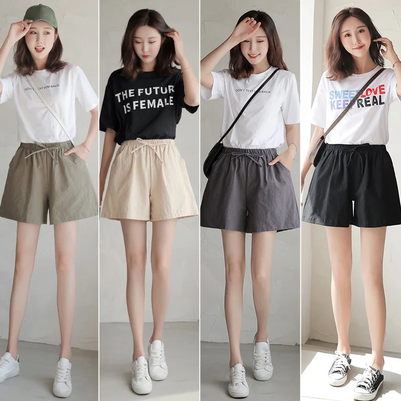 Summer Cotton Linen Shorts Women's Sports Shorts Solid High Waist Black Shorts Women Fashion Casual Basic Short.