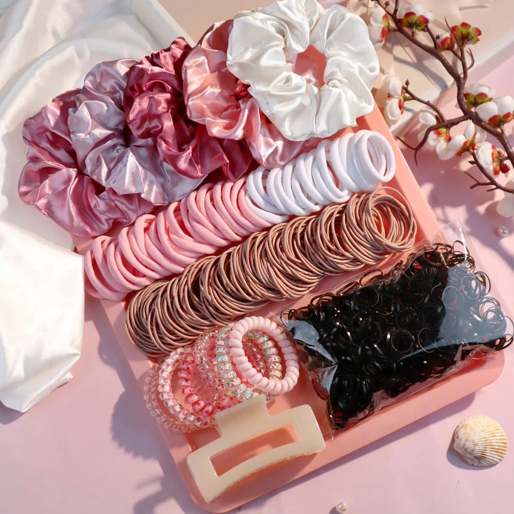 Fashionable Pink Hair Accessories Set for Women, Seamless Ponytail Holders Variety Hair Scrunchies For Women Lady 2024.
