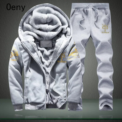 New Winter Fleece Thicken Men's Two-piece Zipper Sports Set Hooded Thermal Suit Casual Oversized Tracksuit 4XL 5XL Funny Suit