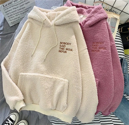 Autumn Winter Fashion Hooded Sweatshirt Women Korean Loose Solid Letter Tops Long Sleeve Warm Outfit Hoodie Lady Casual Street.