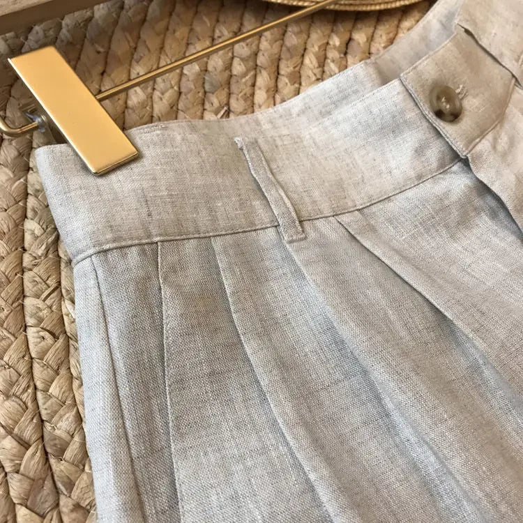 Korean Office Lady Summer Women's Solid Color Linen Zipper Pockets Fashion Casual Loose High Waist A-line Wide Leg Shorts.