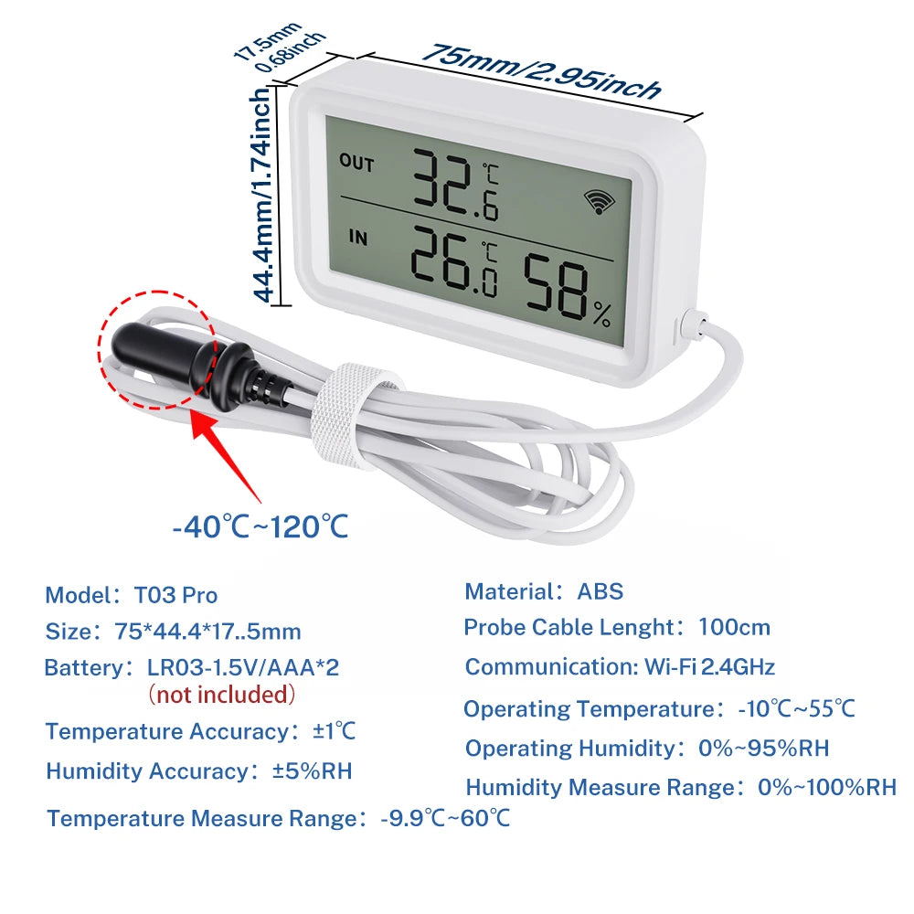 Tuya Wi-Fi Temperature and Humidity Sensor With External Probe Smart Digital LCD Screen Work with Smart Life Google Assistant.