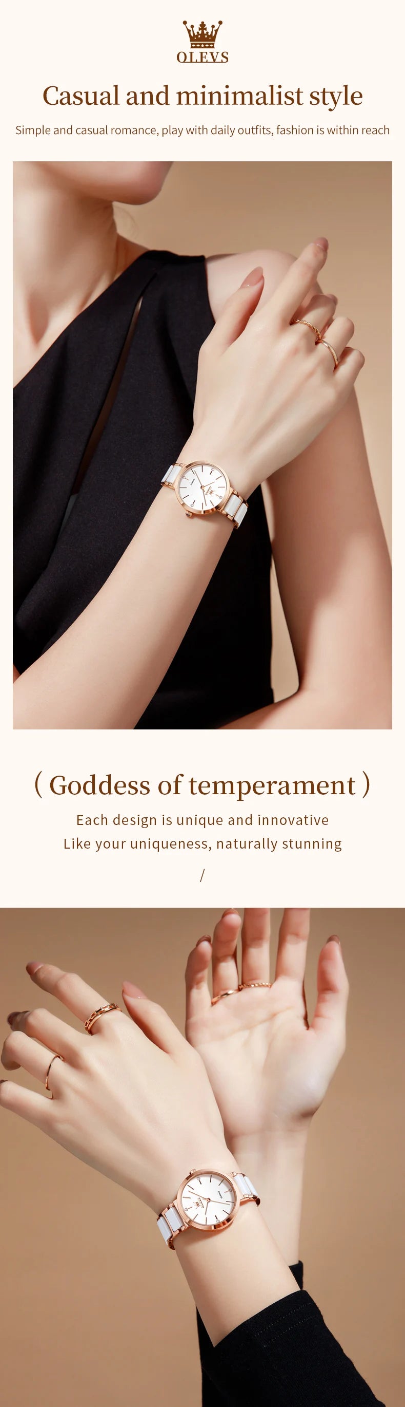 OLEVS 5877 Japan Quartz Movement Woman Watch Simple Elegant Luxury Rose Gold Ceramics Strap Waterproof Ladies Dress Wristwatch.