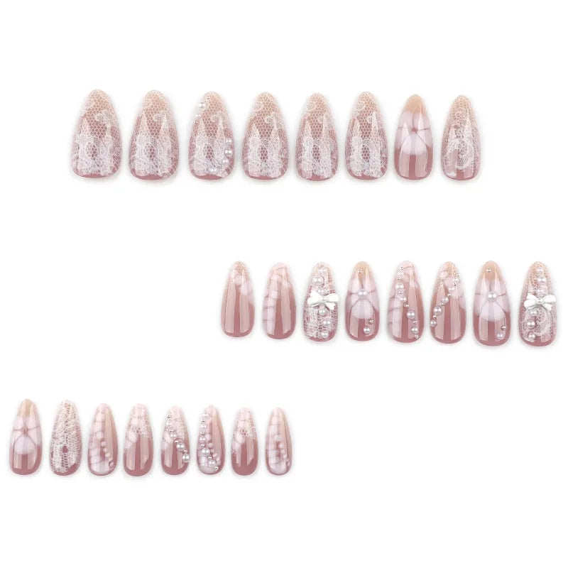 24pcs Graceful Bowknot Pearl Press on Nails White Petals False Nails Sweet Lace Designs Fake Nails French Almond Nail 3D Flower.