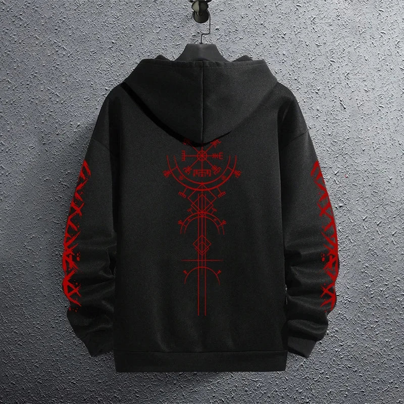 2025 Brand New Black Sweatshirts Autumn Winter Male Daily Casual Sporty Jogging Hoodie Men's Ancient Viking Raven Print Pullover