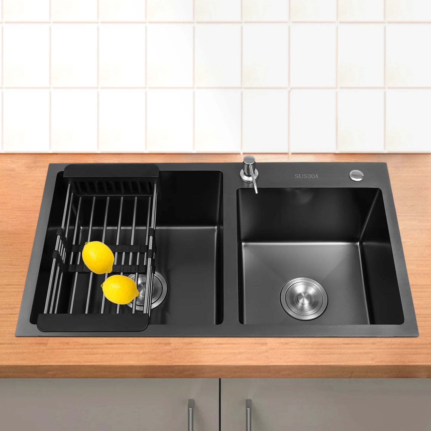 Schwarzer Wassertank, spritzwassergeschützt, schwarzes King Kong-Doppelwaschbecken, langlebig, mit Start- und Seifenspender