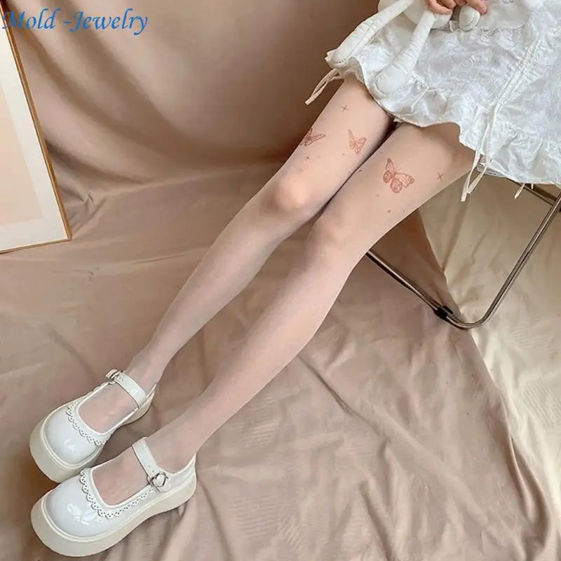 69HB Women Butterfly Stripe Pantyhose JK Sweet Thin Silky Tights Stockings.