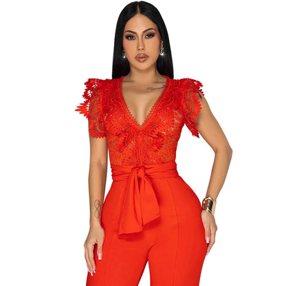 Summer Fashion Lace High Waisted Jumpsuit Women Elegant OL Lace Sleeveless Waistband Straight Jumpsuit Women