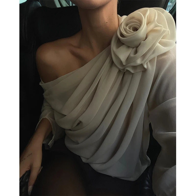 WhereMery Sexy Irregular Oblique-neck Flower Applique T Shirt Summer Off Shoulder Fashion Long Sleeve Crop Tops Street Mesh Tees.