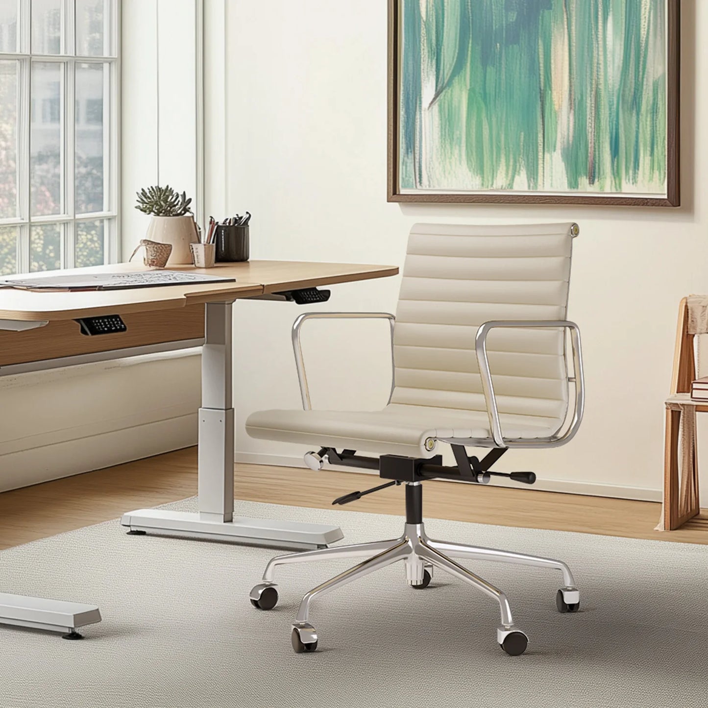 Gerippter Bürostuhl mit hoher mittlerer Rückenlehne, Drehstuhl aus echtem Leder mit Rahmen aus Aluminiumlegierung, verstellbarer ergonomischer Computerstuhl