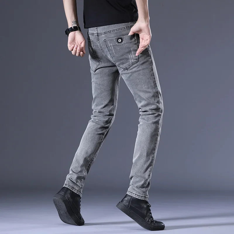 Slim Fit Men's Jeans Casual Elastic Korean Style Autumn Grey Trendy Long Pants Versatile Slim Legged Casual Trousers.
