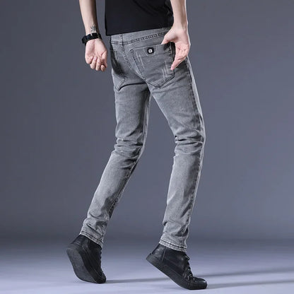 Slim Fit Men's Jeans Casual Elastic Korean Style Autumn Grey Trendy Long Pants Versatile Slim Legged Casual Trousers.