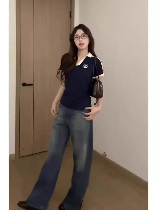 Korean Style Sweet Cool Polo Neck Color Block T-Shirt Women's Fashion Autumn Versatile Short Sleeve Mixed Fabric T-Shirt.