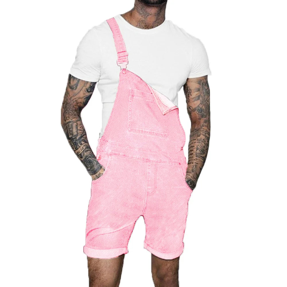 Fashion Streetwear Mens Suspenders Denim Jumpsuits Cargo Pants Men Shorts Masculino Jeans Pink Overalls.