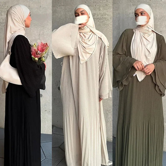 Eid muslimisches Kleid für Frauen Plissee Flare Ärmel Jalabiya Kaftan Islam Vestidos arabische lange Robe Ramadan Marokko Dubai Abayas