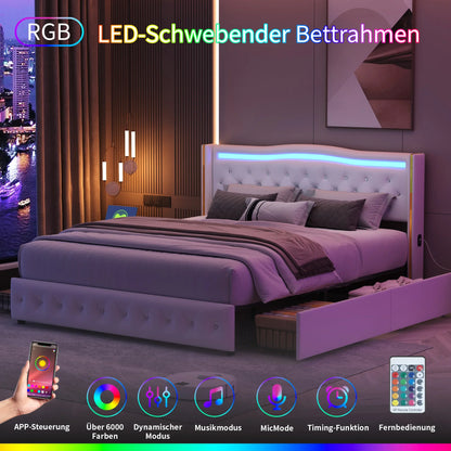 Lazyspace Diamond Embellishment Luxuriöses weißes PU-Polsterbett, Bettrahmen-Kopfteil mit bunten LED-Leuchten und USB-Anschluss
