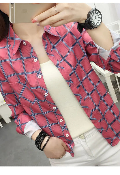 2024Spring and Autumn New College Style Women's Long sleeved Bottom Top Cardigan Long sleeved Fashion Plaid Shirt