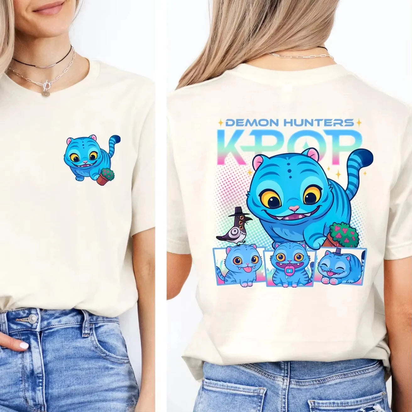 Unisex Kpop Demon Hunters T Shirt Tiger Bird and Vase Cotton Tops Funny Short Sleeve Crew Neck Tee Shirt  Y2k Top Korean.