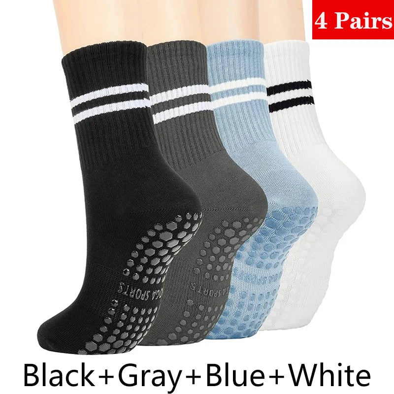 4 Pairs Yoga Socks for Women Professional Non-slip Silicone Mid-tube Pilates Socks Indoor Fitness Gym Dance Sports Floor Socks