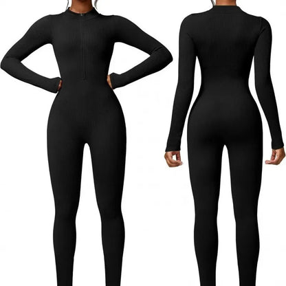 Seamless Long Sleeve Yoga Suit One-Piece Tightening Fitness Leisure Sports Jumpsuit with Zipper for Women.