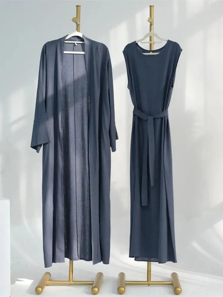 Eid Summer Cotton Linen Kimono Coat Dubai Open Abaya 2024 Muslim for Women Set Retro Kaftan Modest Dresses Islam Clothing Kebaya.