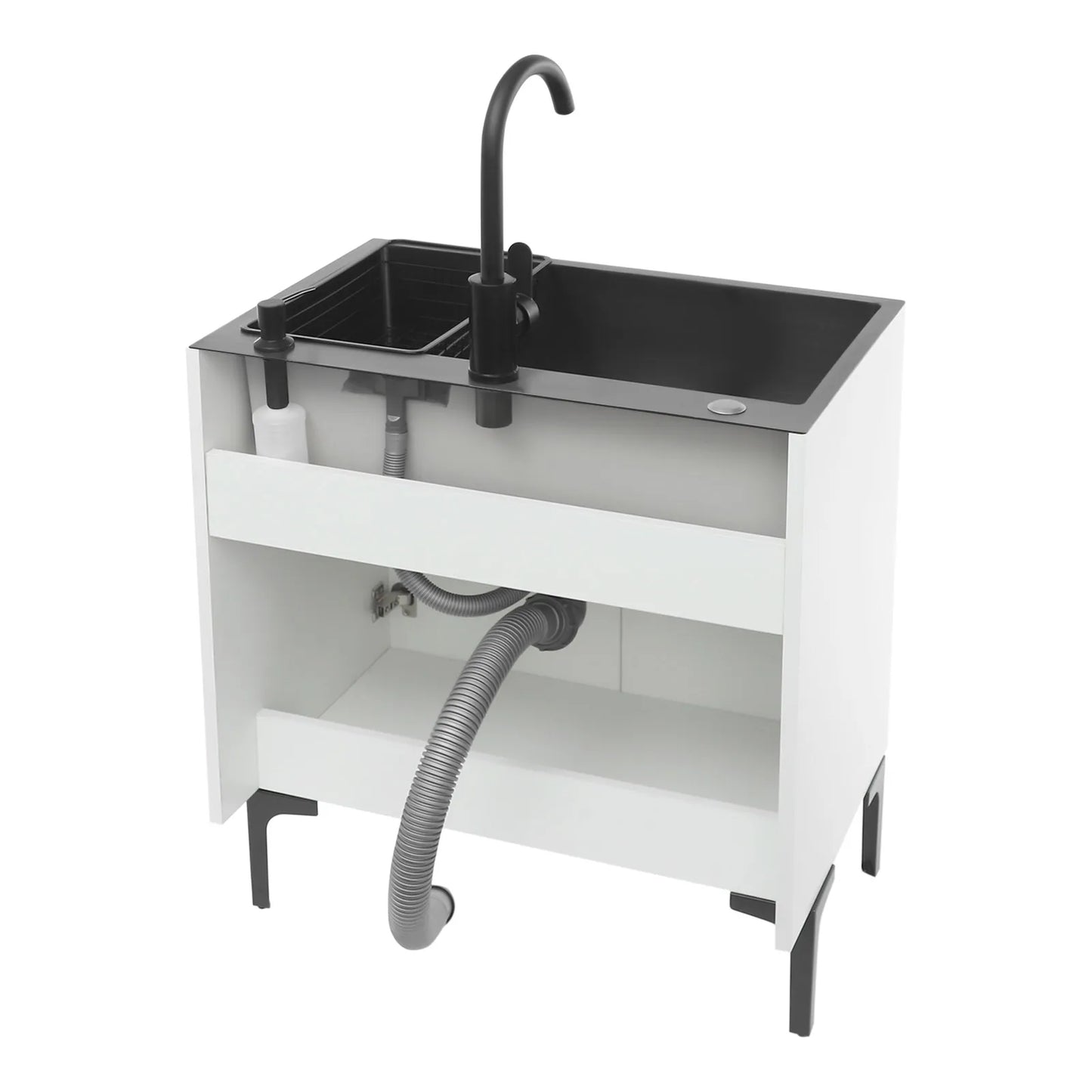 Schwarz/weißes unabhängiges Waschbecken mit Schrank, Küchenspüle aus Edelstahl mit 360° °   Drehbarer Wasserhahn für Badezimmer, Waschbecken