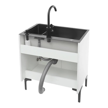 Schwarz/weißes unabhängiges Waschbecken mit Schrank, Küchenspüle aus Edelstahl mit 360° °   Drehbarer Wasserhahn für Badezimmer, Waschbecken
