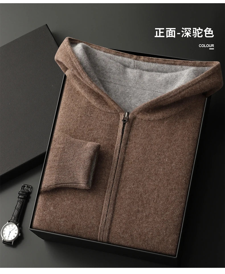 Autumn Winter Pure Cashmere Sweater Double-sided Cardigan Men's Casual Zipper Thickened Cashmere Knitted Hooded Sweater Coat