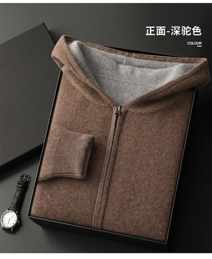 Autumn Winter Pure Cashmere Sweater Double-sided Cardigan Men's Casual Zipper Thickened Cashmere Knitted Hooded Sweater Coat