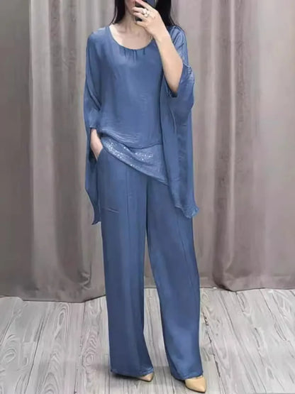 Fashion 2 Piece Set Party Outfits New Spring Summer Elegant Women's Suit Casual Bat Wing Sleeve Blouse Top with Wide Leg Pants.