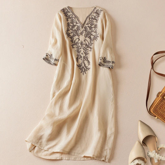 Vintage bedruckte Frauen kleider neue französische lose V-Ausschnitt Kleidung Kurzarm Sommer A-Linie Stickerei Empire Kleid