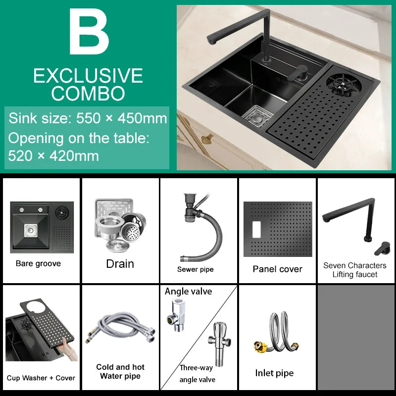 Hidden Cup Washer Bar Tank Stainless Steel Kitchen Sink Multifunctional Wash Basin Mini Small Single Slot With Cover Plate