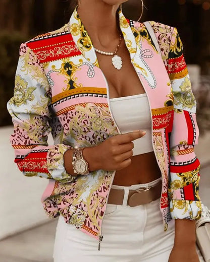 Mode Frauen Jacken Dünne Kurze Mäntel Herbst Vintage Print Lange Sleeve Zipper Dünne Jacke 2024 Casual Oberbekleidung Weibliche Jacke