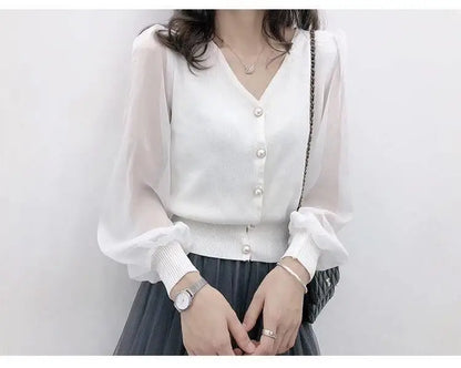 clothe Women's Spring Autumn Style Chiffon Blouses Shirt Women's Knitted Button Long Sleeve Solid Color Lace Patchwork Tops.