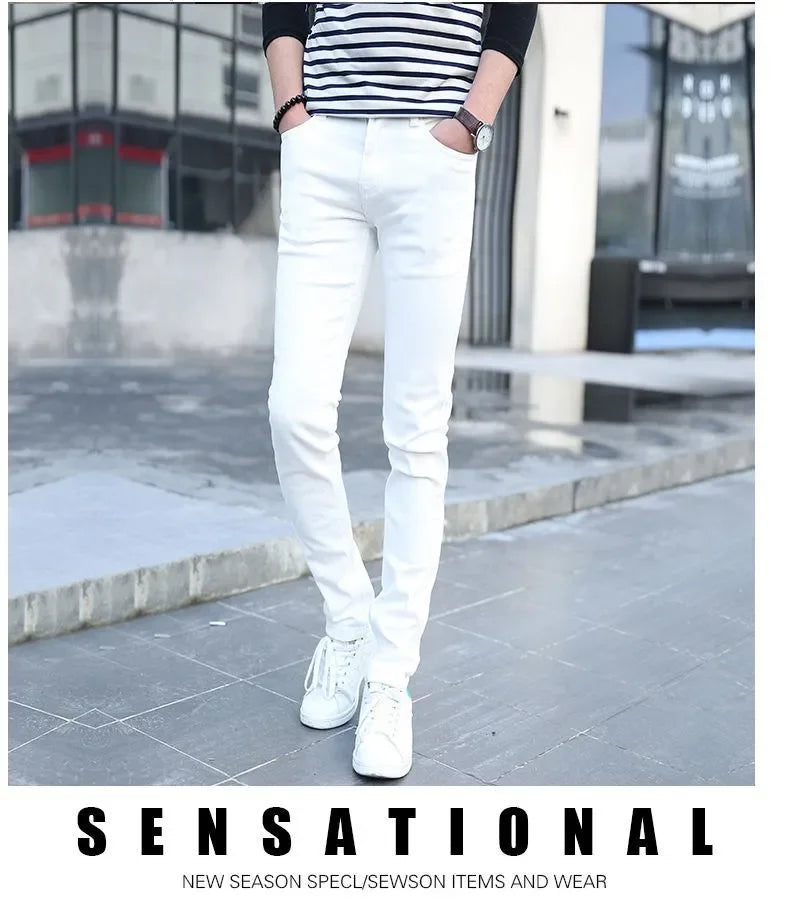 Pure White Jeans Men's Elastic Korean Style Slim Fit Youth Slimming Straight Leg Business Casual Middle Age High End Pants.
