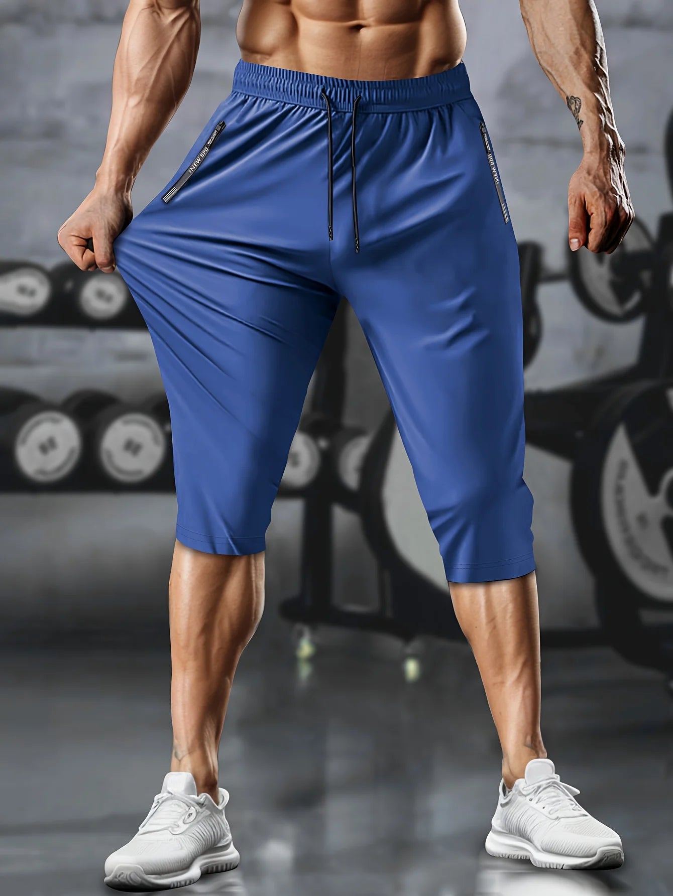 1pc Men's Lightweight Athletic Cropped Pants with Drawstring, Zippered Pockets & Reflective Strips - Breathable, Quick-Dry Fabri