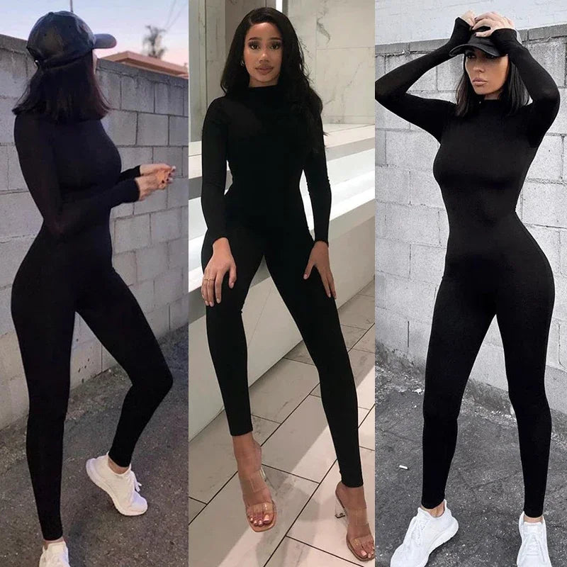 solid black/gray long sleeve skiing jumpsuit women elastic hight outfit fashion fitness sportwear slim rompers streetwear.