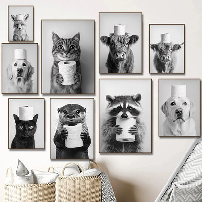 Highland Cow Otter Cat  Raccoon with Toilet Paper Poster Print Canvas Painting Bathroom Wall Art Funny Toilet Humor Home Decor.