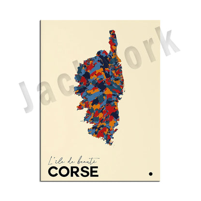 Corsica topographic map print, Corsica cities, France Corsica map print, road map art poster modern wall art decor.